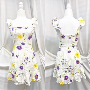 White floral ruffle fluted dress